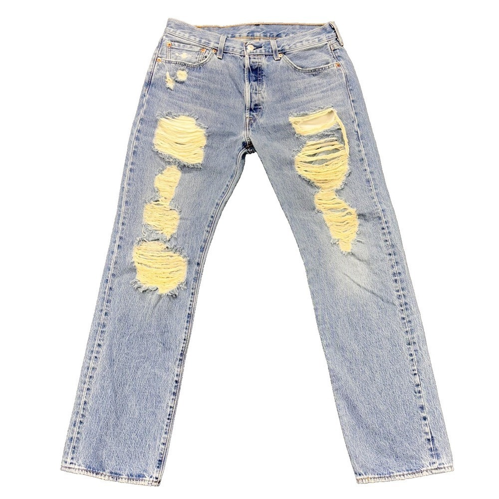 Levis 501 Jeans Mens 33x32 Blue Straight Distressed Button Fly Denim Grunge